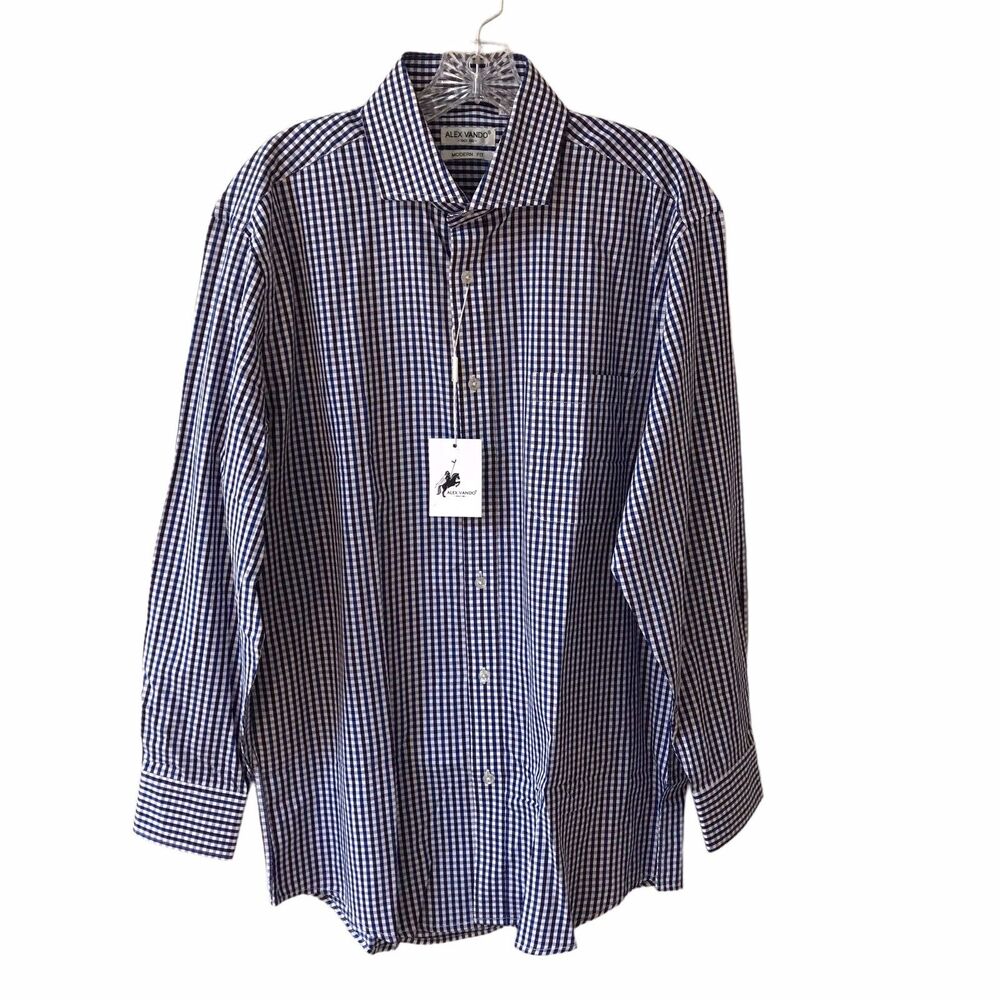 New ALEX VANDO Long Sleeve MODERN FIT  Dress Shirt Men size 16 32-30 Blue check